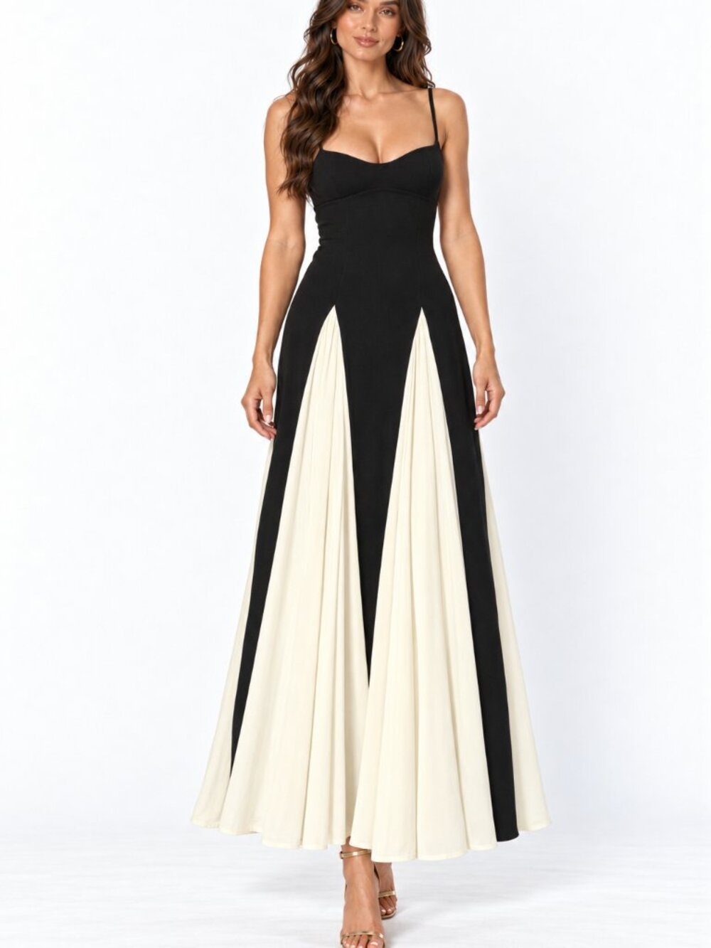 Black Cream Godet Maxi Dress Spaghetti Strap Cocktail Wedding Guest NWT S M L